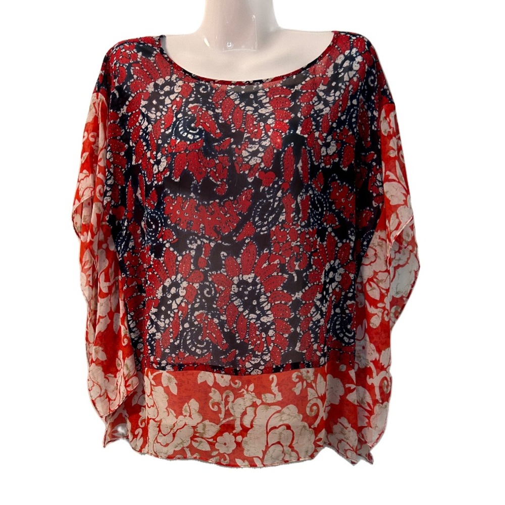 Michael Kors Red Printed Sheer Tunic Red White Blue Size S/M